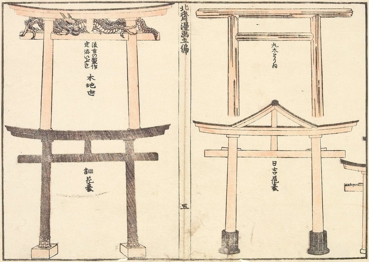Różne rodzaje łuków torii autorstwa Katsushika Hokusai