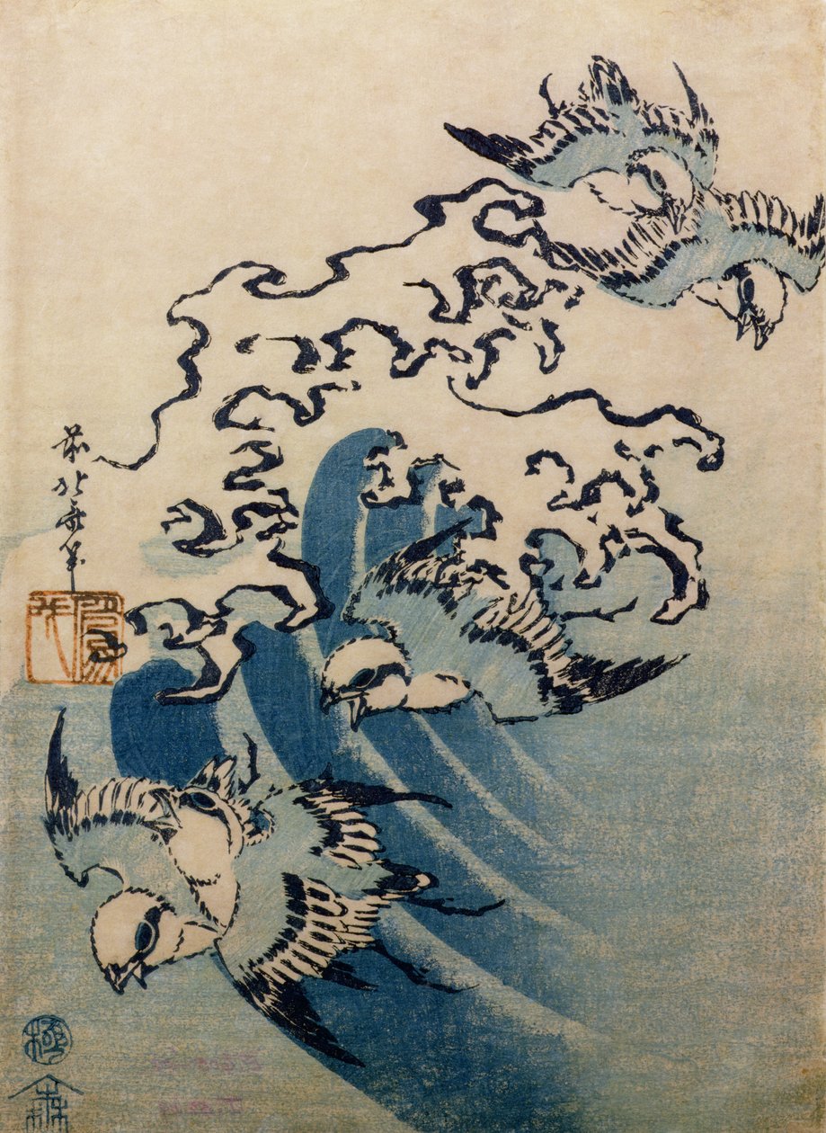 Fale i ptaki, ok. 1825 (kolorowy drzeworyt) autorstwa Katsushika Hokusai
