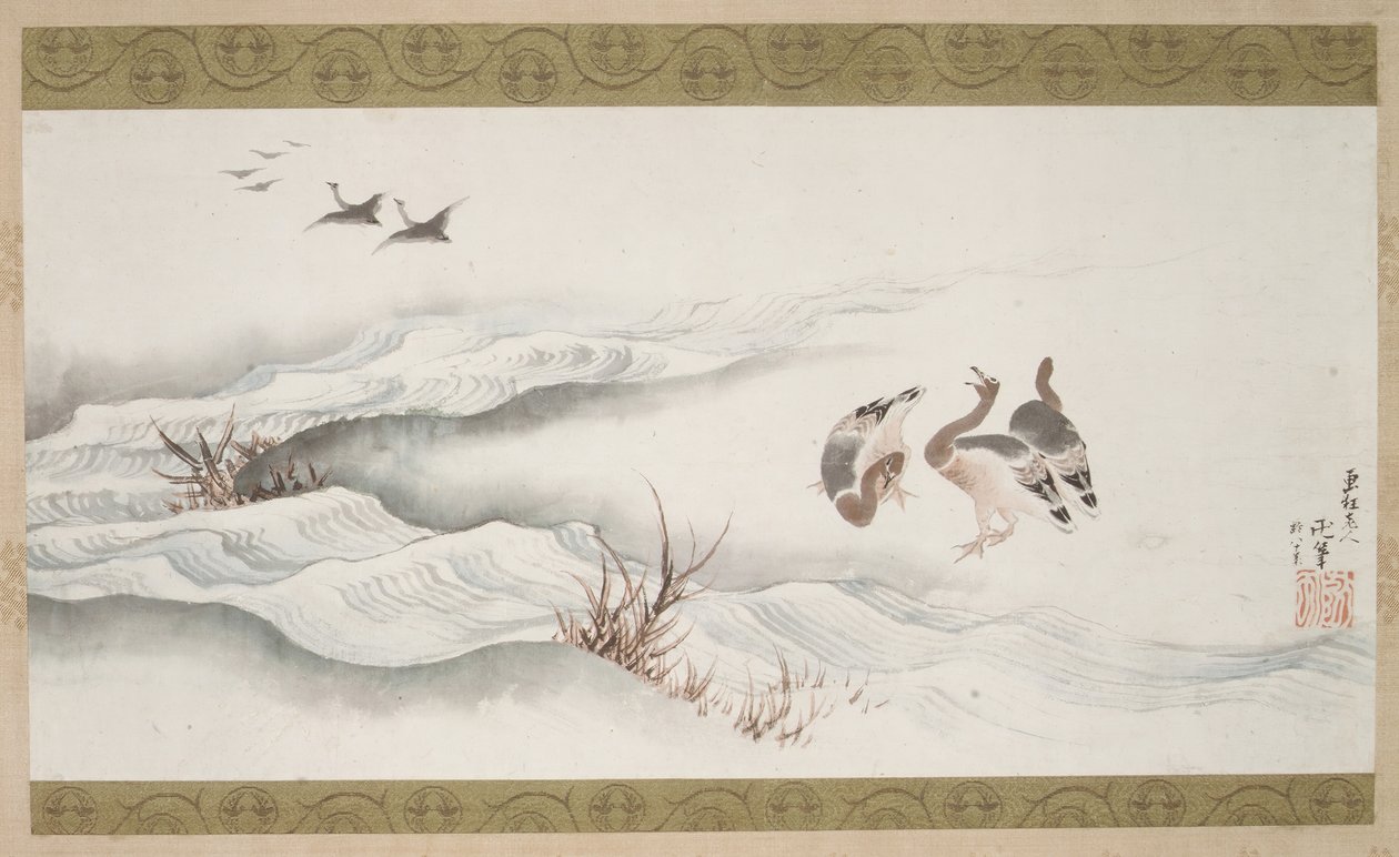 Dzikie gęsi i woda, 1839. autorstwa Katsushika Hokusai