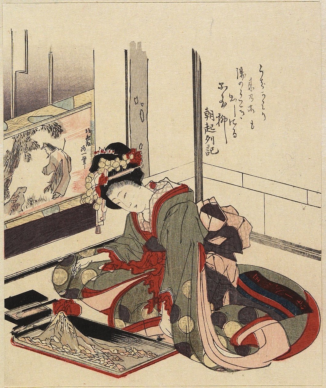 Kobieta układająca bonkei, 1820-1834 autorstwa Katsushika Hokusai