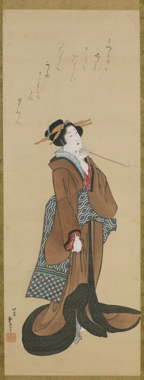 Kobieta trzymająca fajkę tytoniową, epoka Edo, ok. 1814-15 (atrament i kolor na jedwabiu) autorstwa Katsushika Hokusai