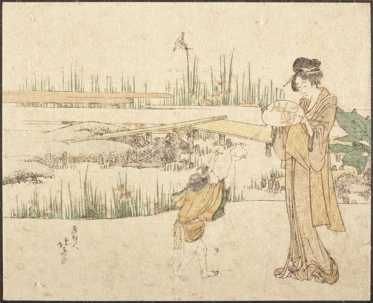 Kobieta i dziecko w ogrodzie; fragment obrazu „Sprzedawca złotych rybek” autorstwa Katsushika Hokusai
