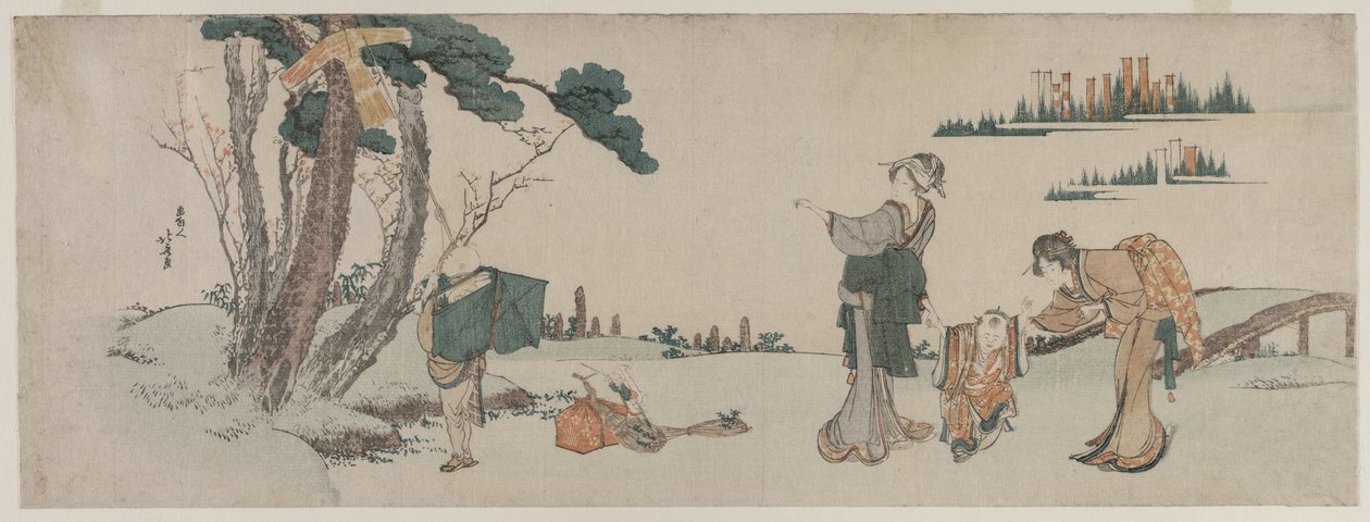 Kobiety rozpraszające dziecko, którego latawiec został złapany na drzewie autorstwa Katsushika Hokusai