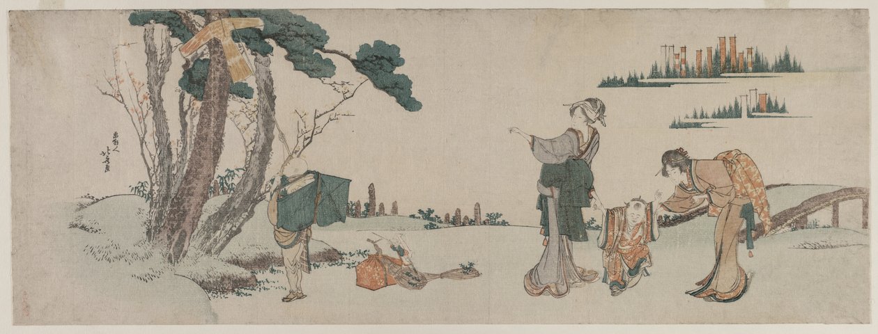 Kobiety rozpraszające dziecko, którego latawiec został złapany na drzewie, 1800. autorstwa Katsushika Hokusai