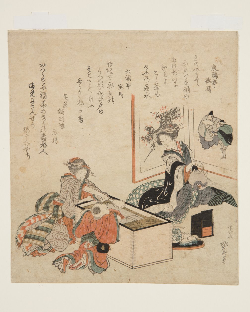 Women Preparing Tea Around the Fire-Holder (kolorowy drzeworyt) autorstwa Katsushika Hokusai
