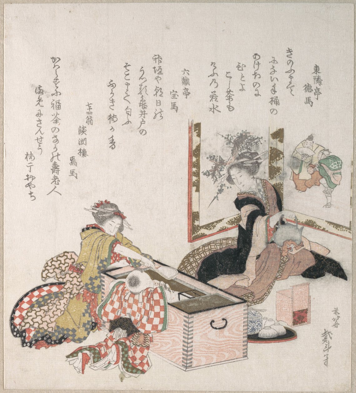 Kobiety przygotowujące herbatę przy palenisku autorstwa Katsushika Hokusai