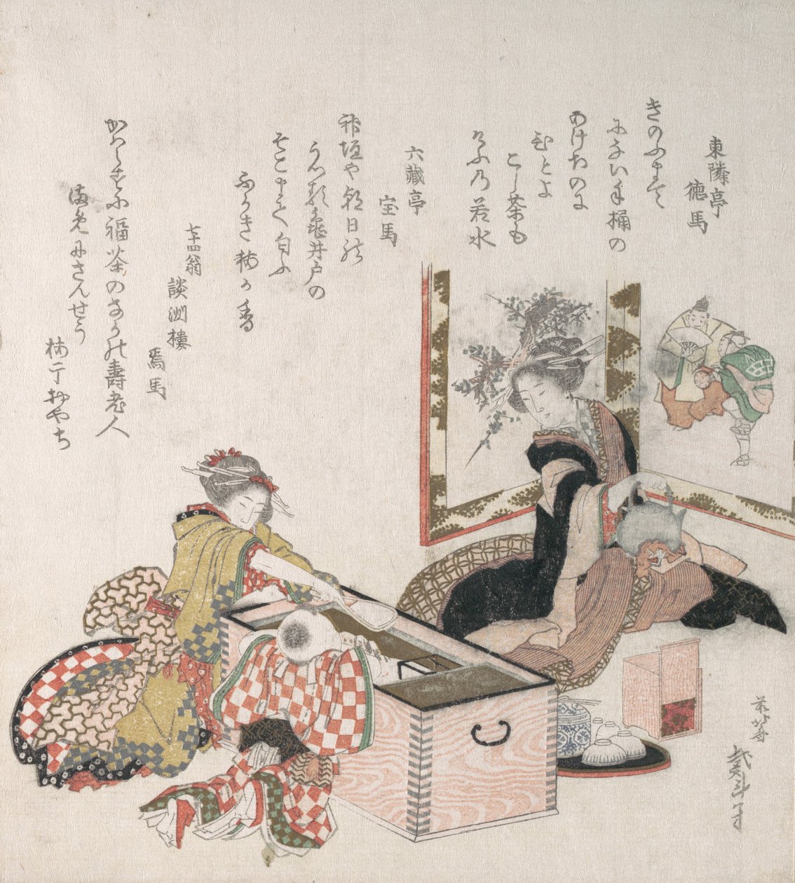 Kobiety przygotowujące herbatę wokół nosiciela ognia, 1816. autorstwa Katsushika Hokusai