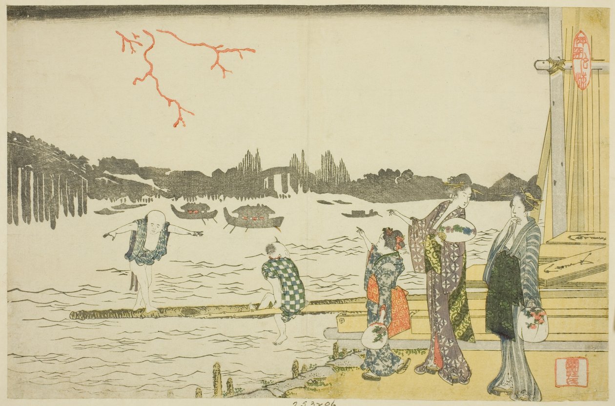 Kobiety i dzieci oglądające fajerwerki autorstwa Katsushika Hokusai