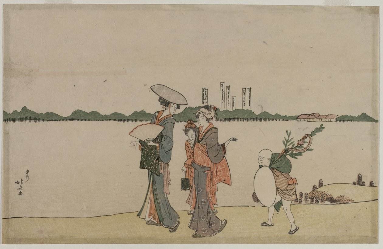 Kobiety i dzieci spacerujące wzdłuż rzeki Sumida autorstwa Katsushika Hokusai