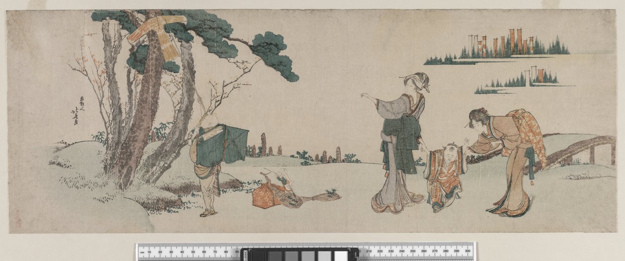 Kobiety rozpraszające dziecko, którego latawiec został złapany na drzewie, okres Edo, ok. 1800 autorstwa Katsushika Hokusai