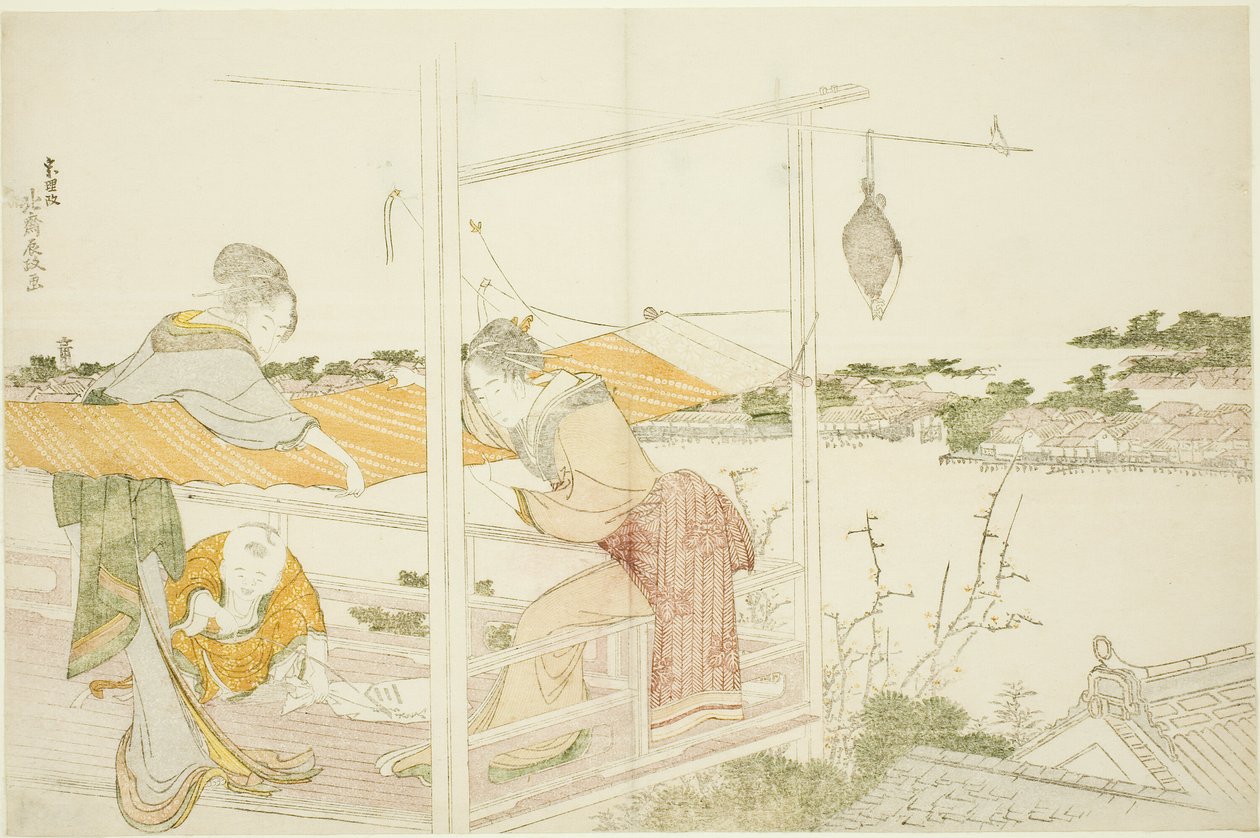 Kobiety na werandzie rozciągające szmatkę do wyschnięcia autorstwa Katsushika Hokusai