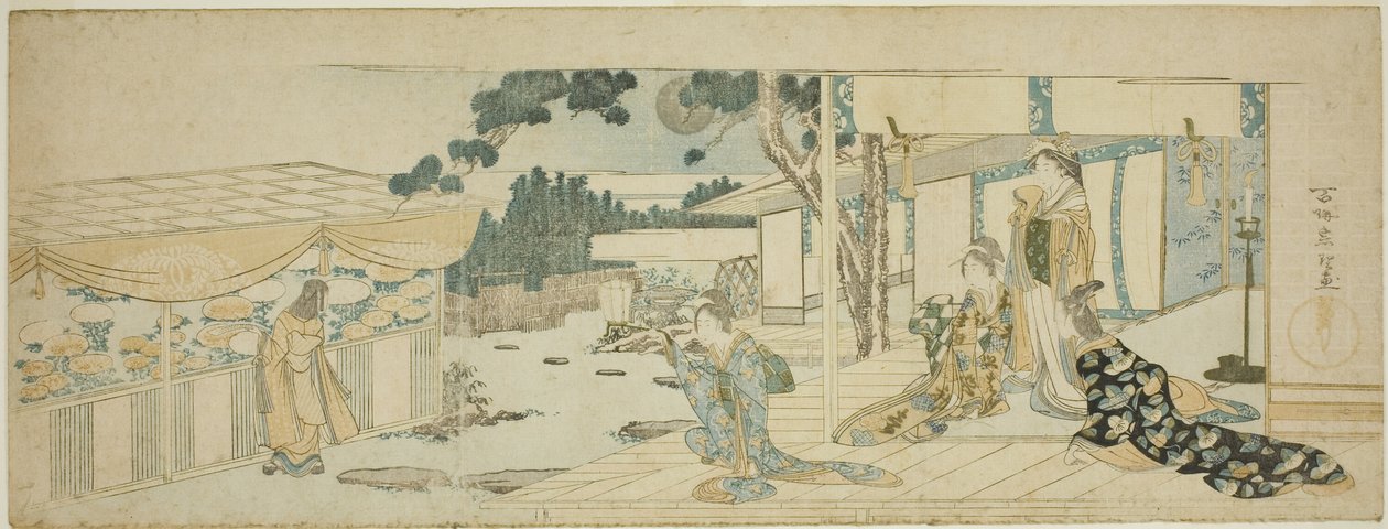 Kobiety na werandzie patrzące na dziewczynę zbierającą kwiaty autorstwa Katsushika Hokusai