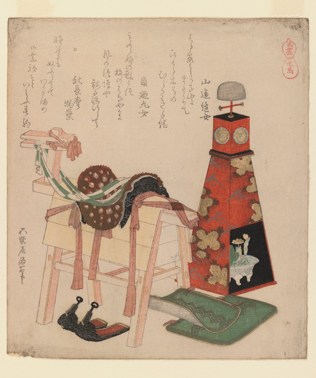 Koń drewniany, z serii Konie, 1822 (drewnodruk, surimono) autorstwa Katsushika Hokusai