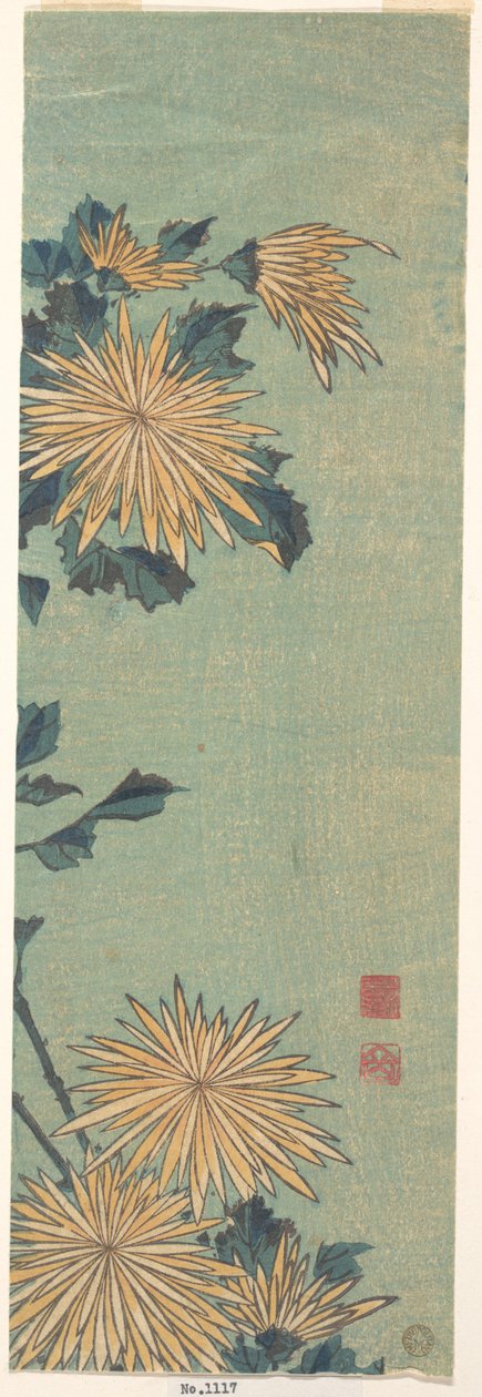 Żółte chryzantemy na niebieskim tle autorstwa Katsushika Hokusai