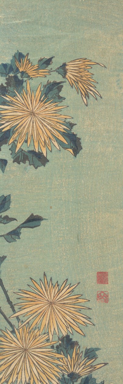 Żółte chryzantemy na niebieskim gruncie, ca. 1825. autorstwa Katsushika Hokusai