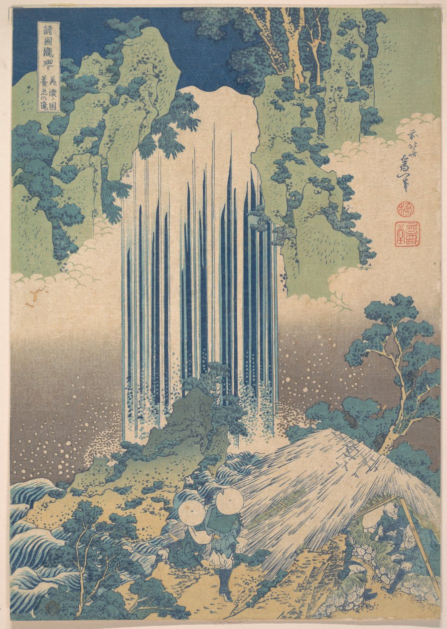 Wodospad Yōrō w prowincji Mino (Mino no Yōrō no taki), z serii „Podróż po wodospadach różnych prowincji” (Shokoku taki meguri) autorstwa Katsushika Hokusai
