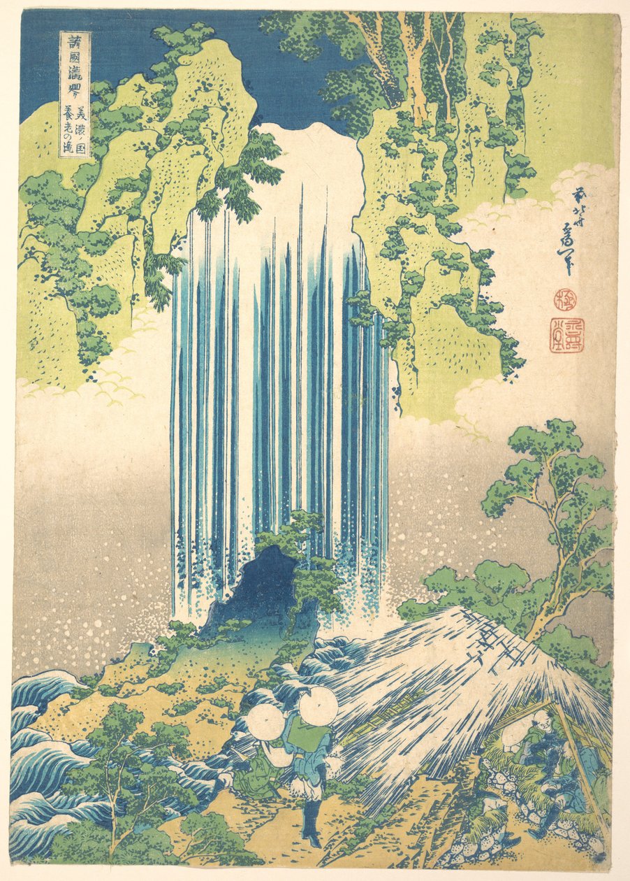 Wodospad Yōrō w prowincji Mino (Mino no Yōrō no taki), z serii „Podróż po wodospadach różnych prowincji” (Shokoku taki meguri) autorstwa Katsushika Hokusai