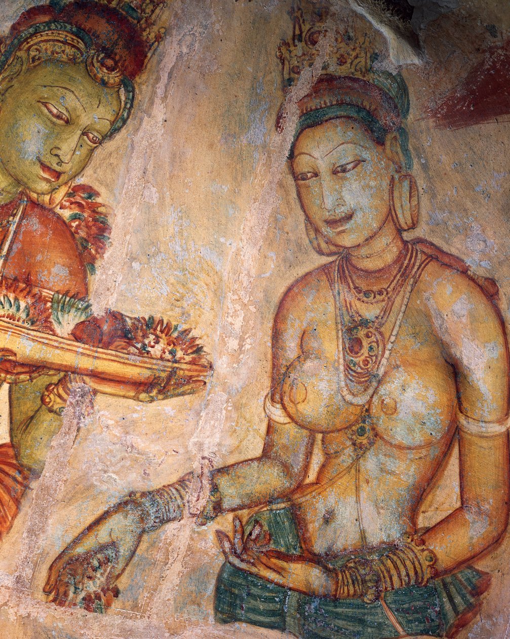 Apsaras, niebiańska nimfa oferująca kwiaty, fresk, ufortyfikowana cytadela Sigiriya (Lista Światowego Dziedzictwa UNESCO autorstwa Alec Hunter