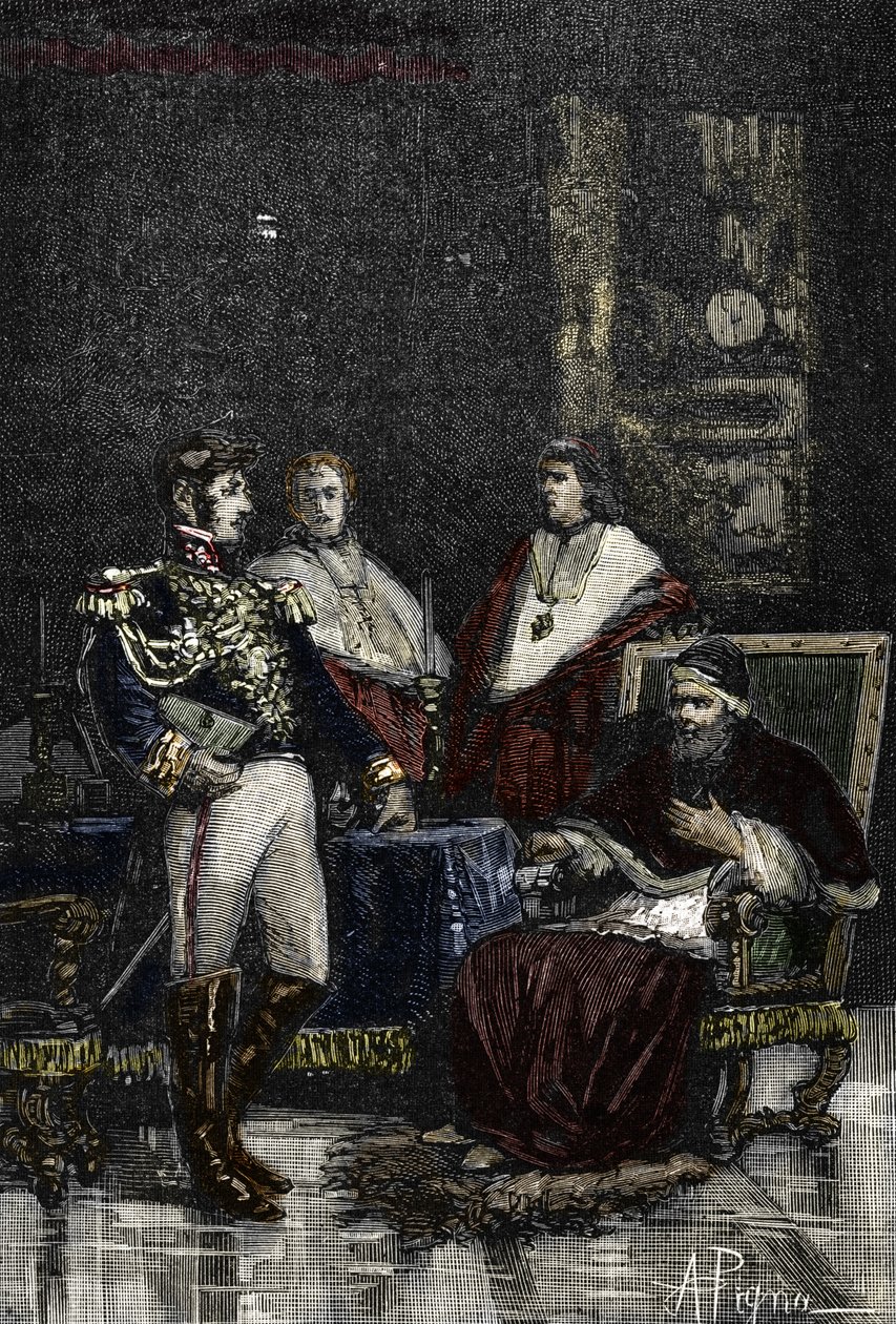 Generał Cervoni wezwał papieża Piusa VI do zrzeczenia się władzy doczesnej w 1798. 1882 (Grawerowanie) autorstwa Alec Hunter