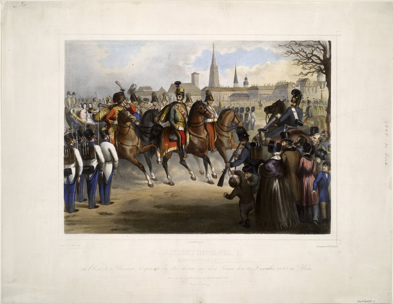Mikołaj I z Rosji jako pułkownik naczelny 9. Pułku Huzarów „Graf Nadasdy” w Glacis w Wiedniu w dniu 30 grudnia 1845 r. - Katzler, Vinzenz (1823-1882) - 1846 - Litografia kolorowa - 39x50,4 - Prywatne Kolekcja autorstwa Katzler Katzler