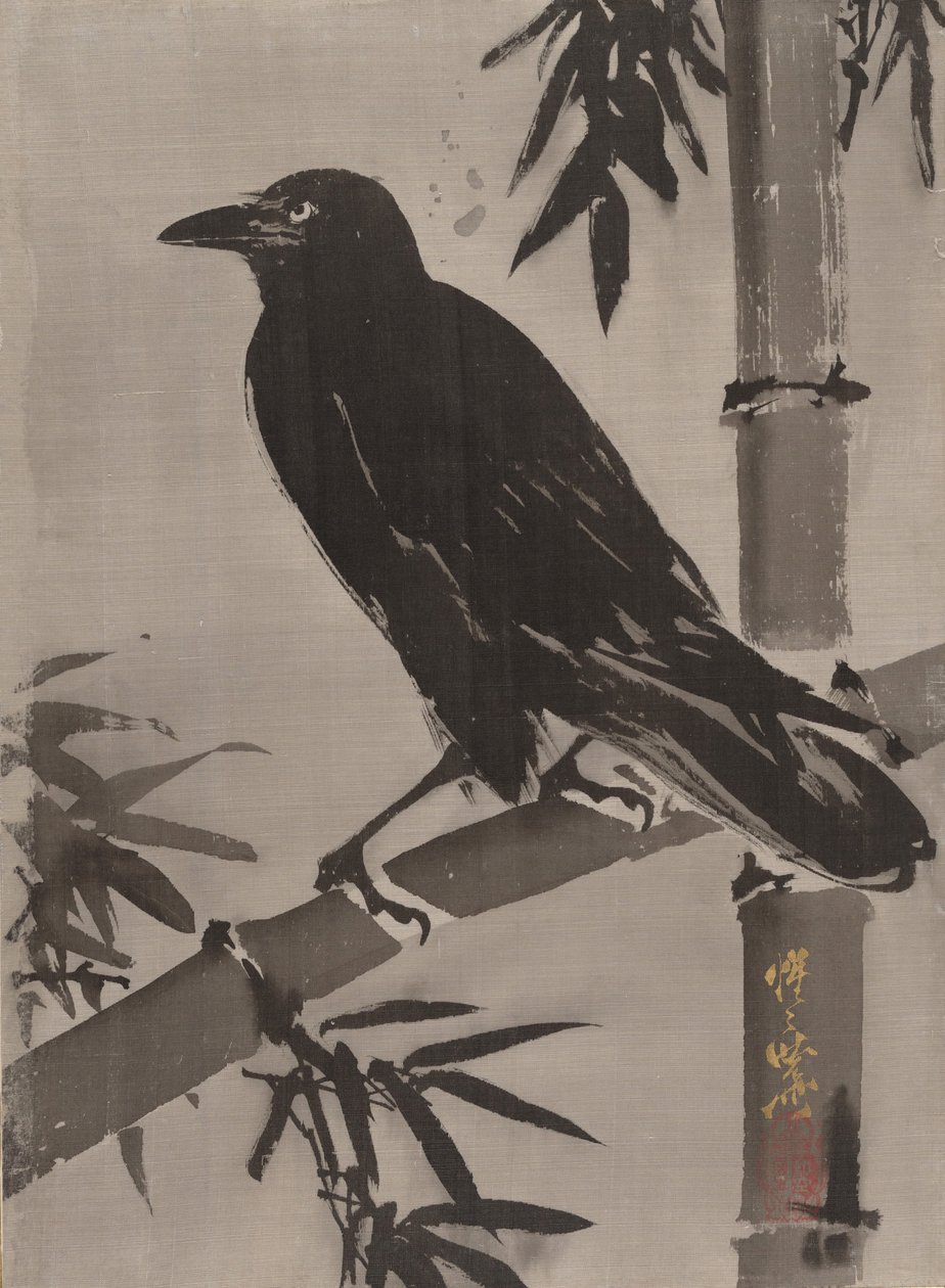 Wrona na gałęzi bambusa, ca. 1887. autorstwa Kawanabe Kyosai