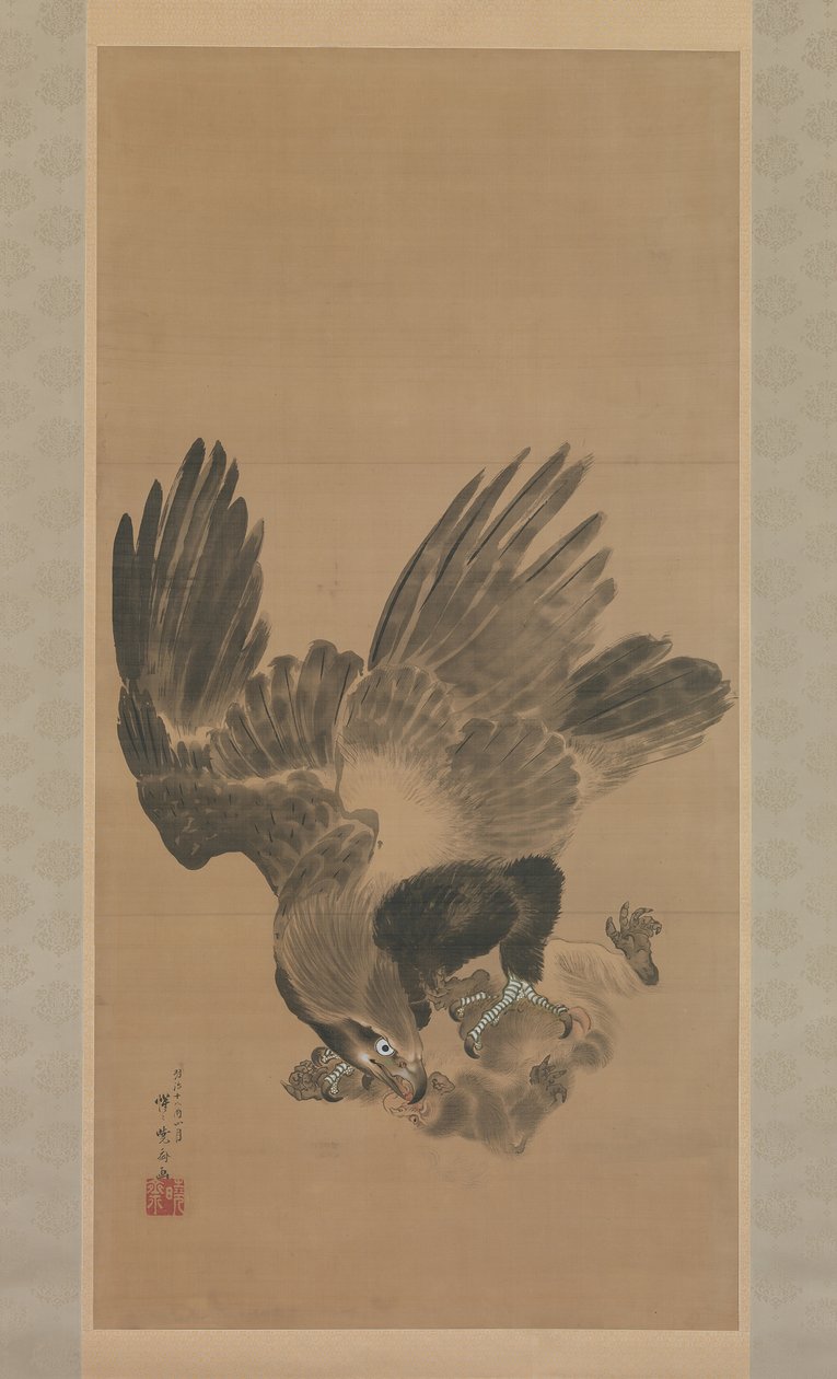 Orzeł atakujący małpę, 1885. autorstwa Kawanabe Kyosai