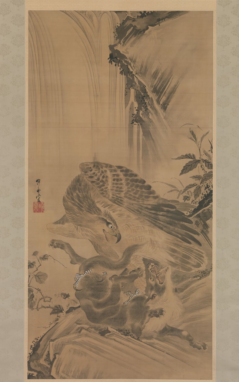 Orzeł atakujący lwa górskiego, 1885. autorstwa Kawanabe Kyosai