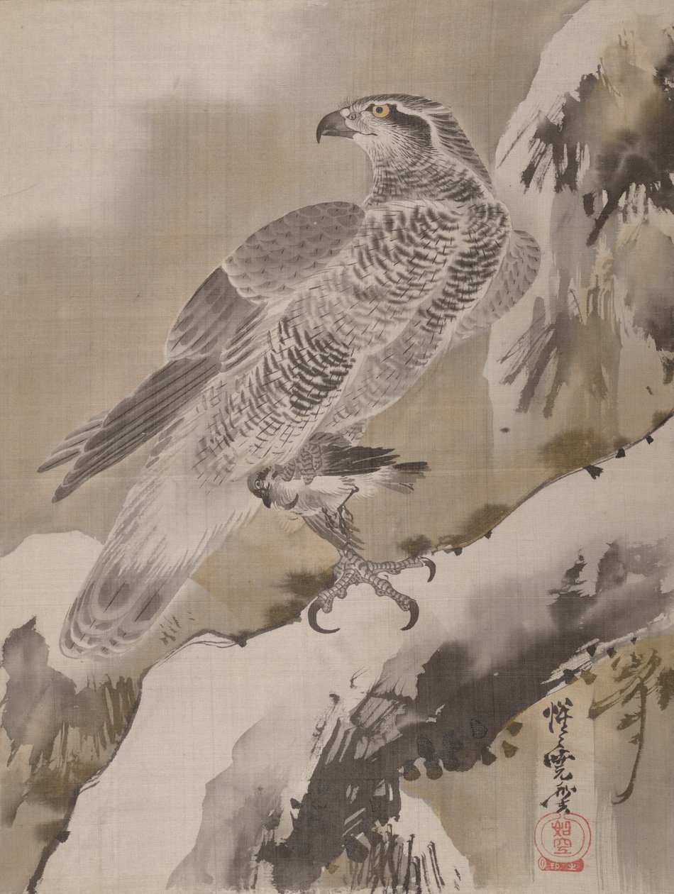 Orzeł trzymający małego ptaka, ca. 1887. autorstwa Kawanabe Kyosai