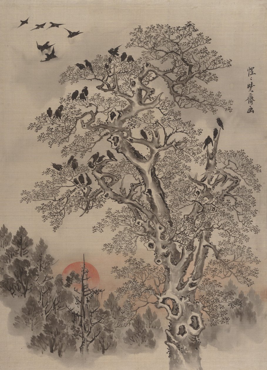 Stado kruków o świcie, ok. godz. 1887. autorstwa Kawanabe Kyosai