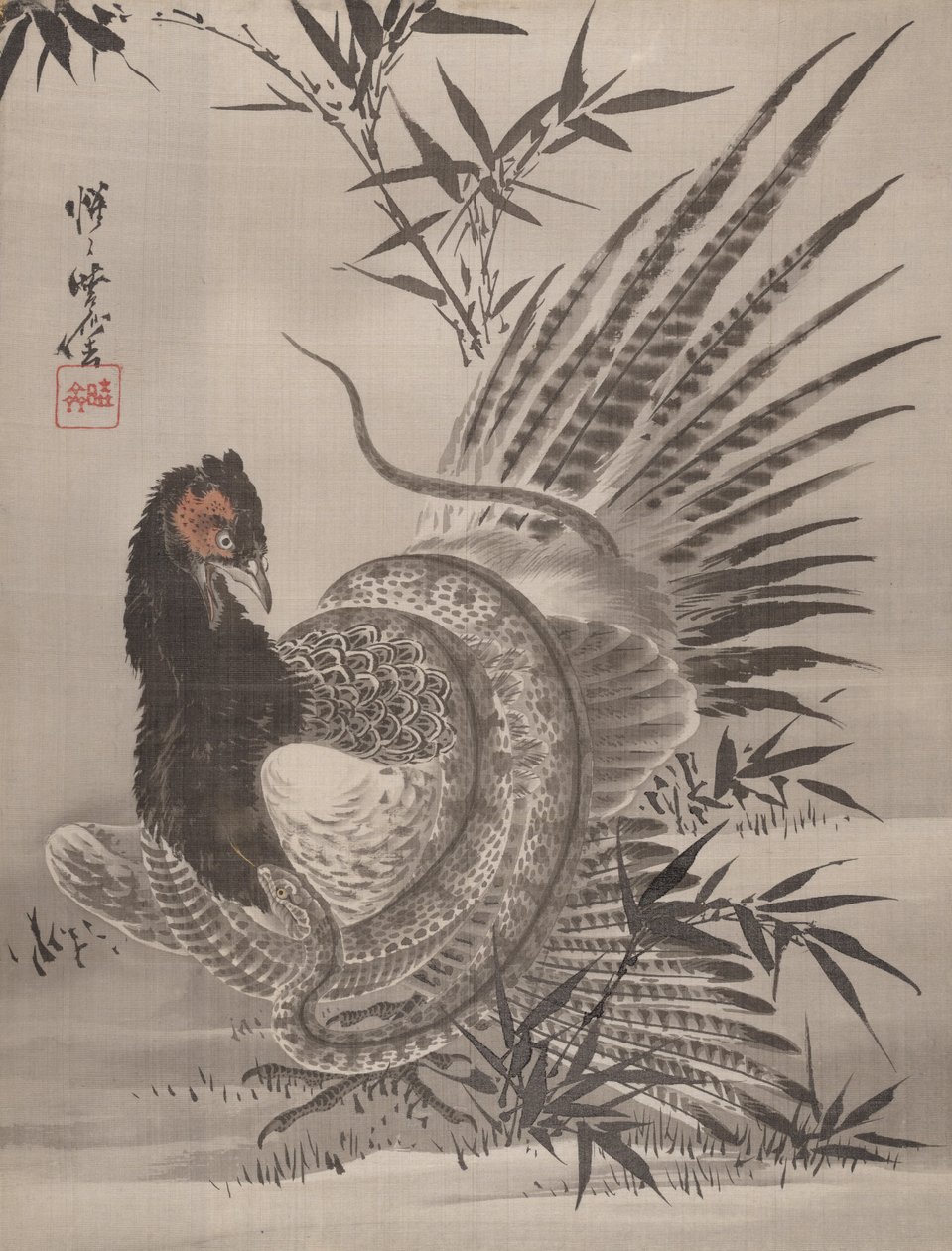Bażant Złapany przez Węża, ca. 1887. autorstwa Kawanabe Kyosai