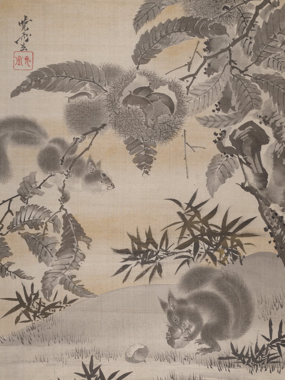 Wiewiórki zbierające kasztany, ca. 1887. autorstwa Kawanabe Kyosai