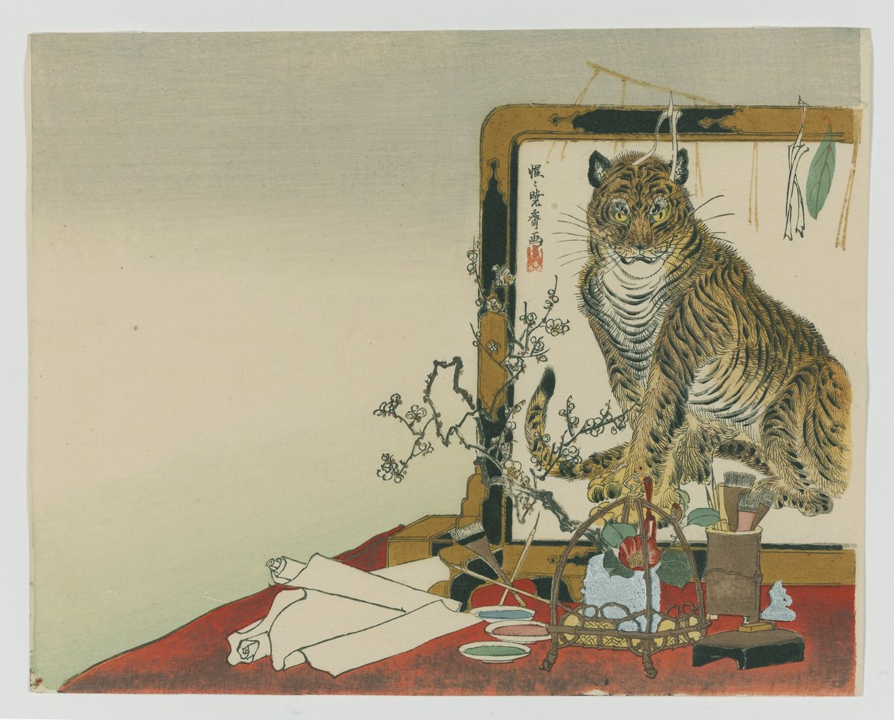 Stojący parawan (Tsuitate) tygrysa, 1878 (kolorowy druk drewna) autorstwa Kawanabe Kyosai