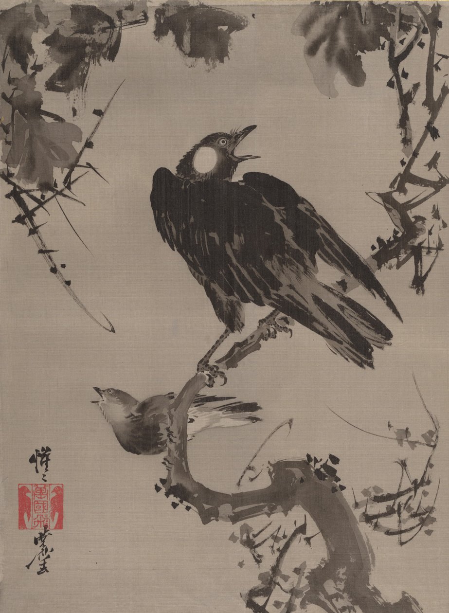 Szpaki na gałęzi, ca. 1887. autorstwa Kawanabe Kyosai