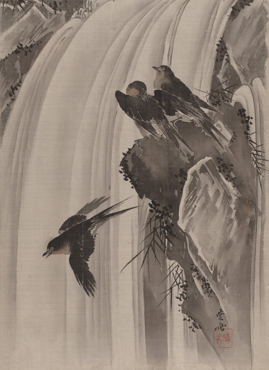 Jaskółki nad Wodospadem, ca. 1887. autorstwa Kawanabe Kyosai