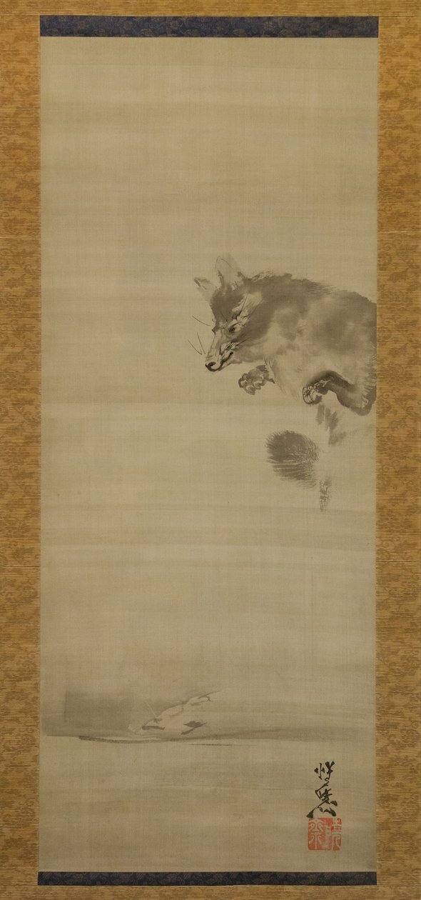Jenot Tanuki oglądający swoje odbicie w wodzie, koniec XIX wieku. autorstwa Kawanabe Kyosai