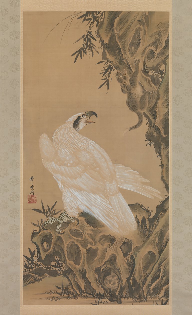 Biały orzeł patrzący na lwa górskiego, 1885. autorstwa Kawanabe Kyosai