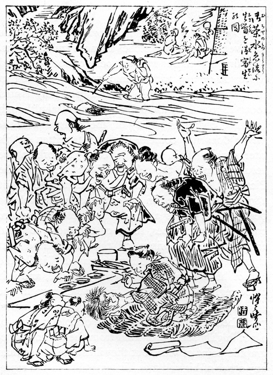 Młody Kyôsai szkicujący odciętą głowę, 1898. autorstwa Kawanabe Kyosai