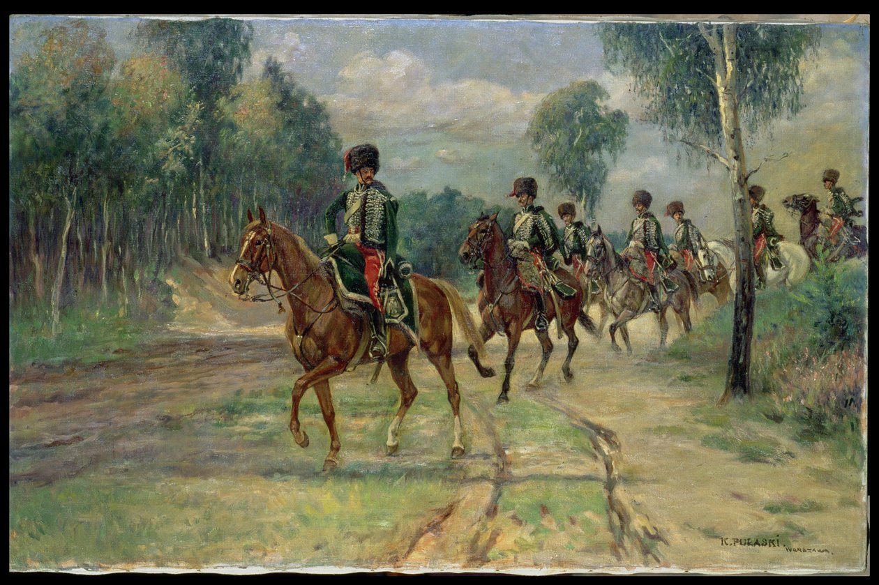 Szwadron Huzarów, ok.1920 (olej na płótnie) autorstwa Kazimierz Pulaski