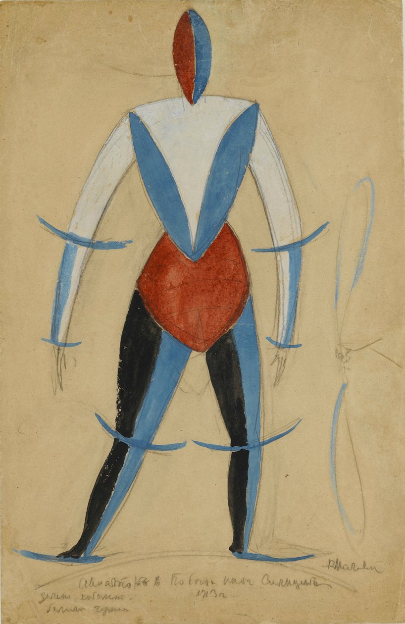 Lotnik, Projekt kostiumu do opery Zwycięstwo nad słońcem Aleksieja Kruchenycha, 1913 (tusz, gwasz i ołówek na papierze) autorstwa Kazimir Severinovich Malevich