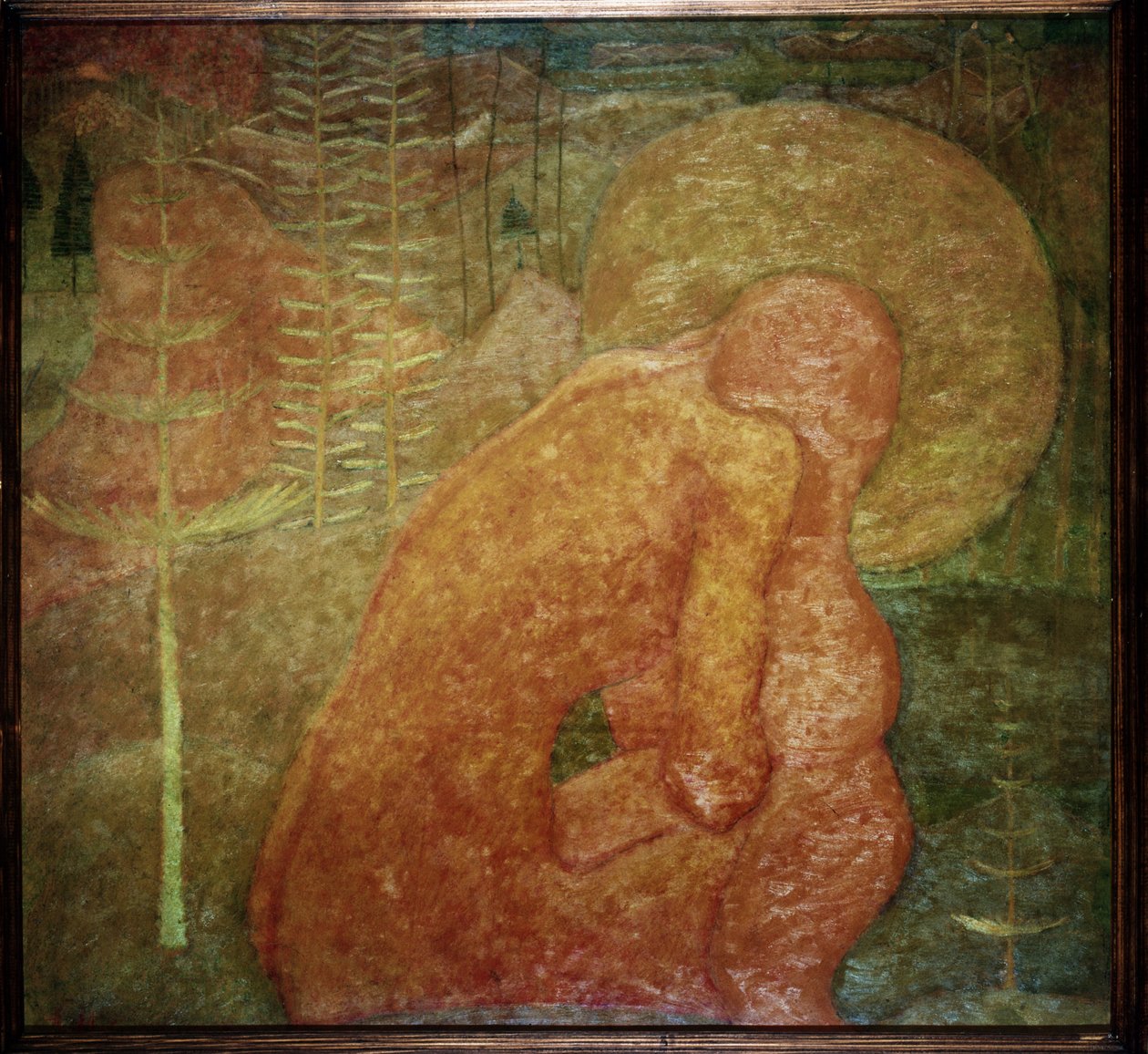 Szkic do fresku. Modlitwa. (Szkic do malowania fresku; Modlitwa). Naga postać, w leśnym pejzażu, zwinięta w kłębek pod swoją aureolą. Praca Kasimira Severinovicha Malevicha (Malevich, Malevic) (1878-1935), tempera na tekturze autorstwa Kazimir Severinovich Malevich