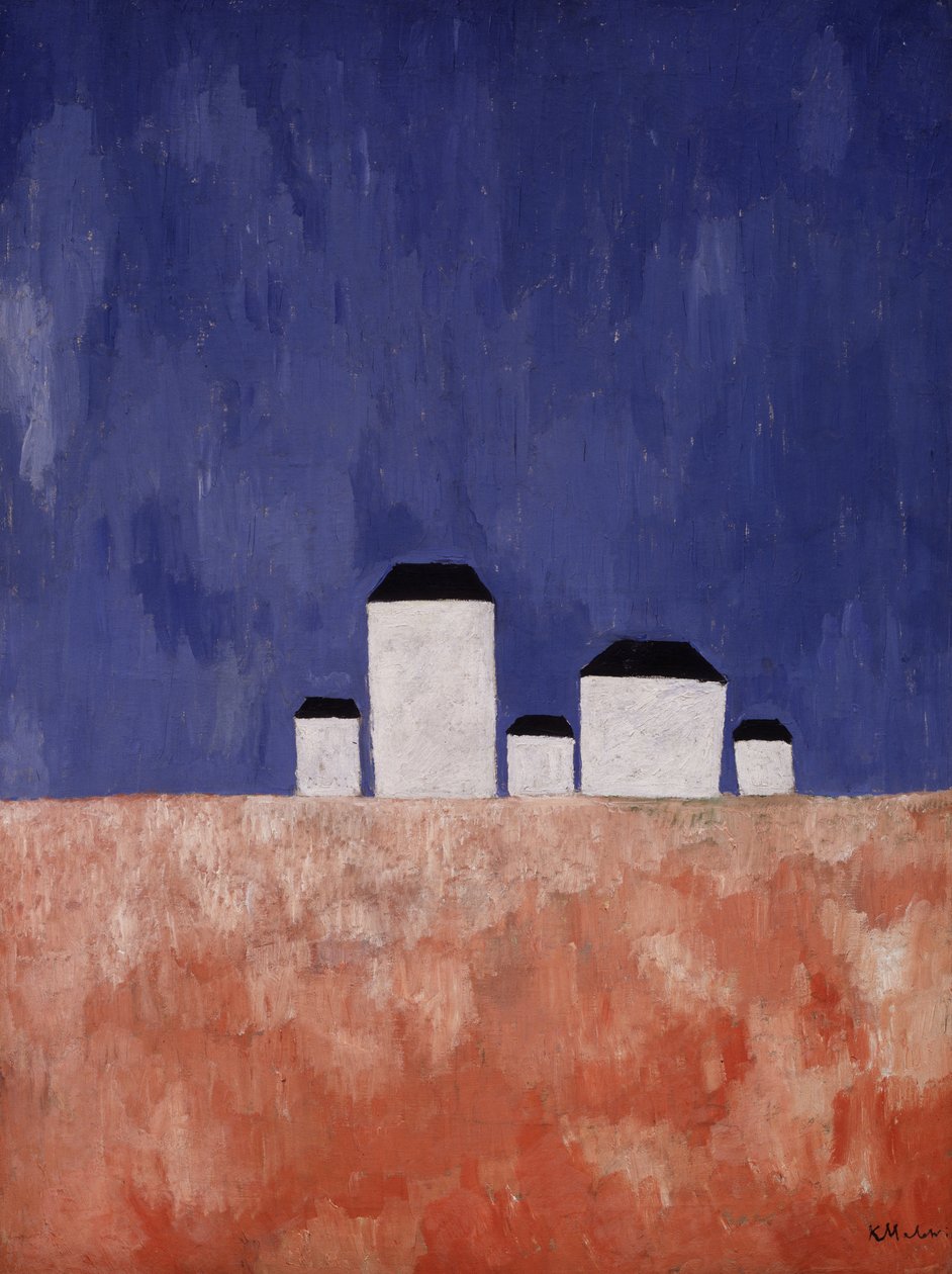 Pejzaż z pięcioma domami, ok. 1932 autorstwa Kazimir Severinovich Malevich