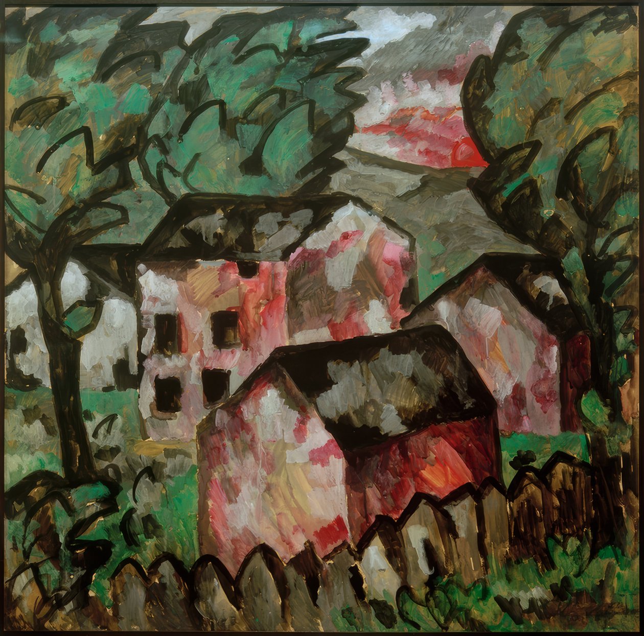 Krajobraz z trzema czerwonymi domami autorstwa Kazimir Severinovich Malevich