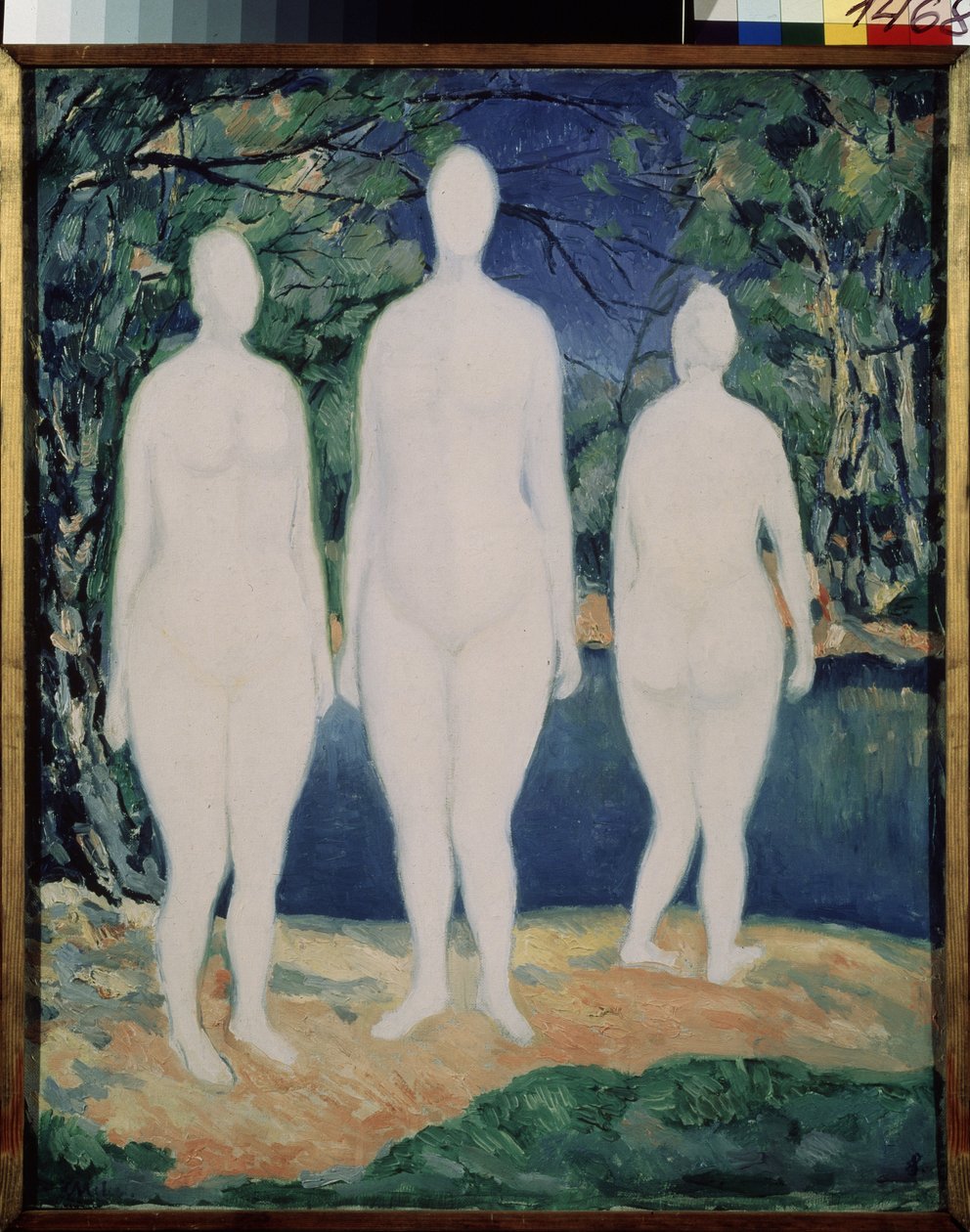 Kąpiący się. Trzy białe, nagie postacie, stojące nad rzeką, latem. Obraz Kasimira Severinovicha Malewicza (Malevich, Malevic) (1878-1935), olej na płótnie autorstwa Kazimir Severinovich Malevich