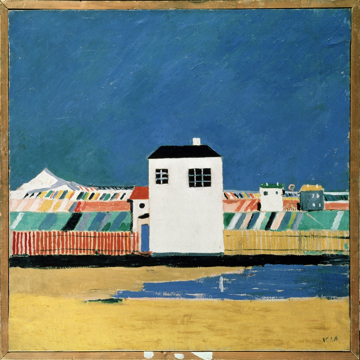 Krajobraz z Białym Domem. Obraz Kazimierza Siewierinowicza Malewicza (Malevich, Malevic) (1878-1935), olej na płótnie, ok. 1930. Sztuka rosyjska, XX wiek, awangarda, suprematyzm, konstruktywizm. Państwowe Muzeum Rosyjskie, autorstwa Kazimir Severinovich Malevich