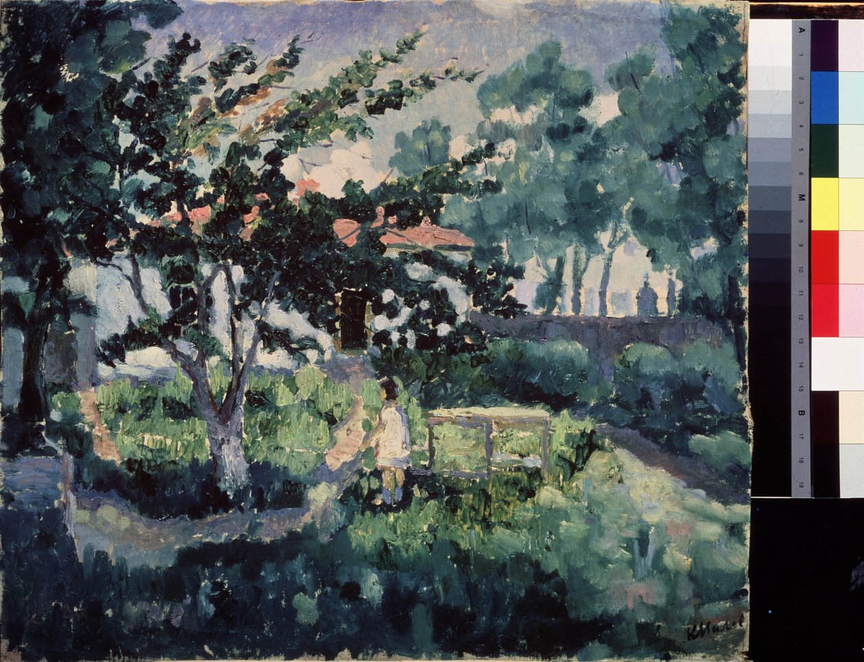 Letni krajobraz. Opis ogrodu małego wiejskiego domu w lecie, z dzieckiem cieszącym się letnimi wakacjami. Obraz Kasimira Severinovicha Malewicza (Malevich, Malevic) (1878-1935), olej na płótnie autorstwa Kazimir Severinovich Malevich