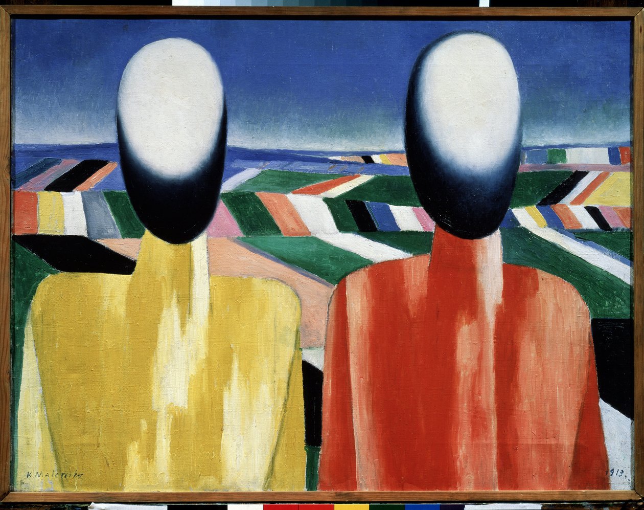 Chłopi (chłopi). Dwie głowy bez twarzy na tle pól uprawnych. Obraz Kazimierza Siewierinowicza Malewicza (Malevich, Malevic) (1878-1935), olej na płótnie, ok. 1930. Sztuka rosyjska, awangarda, XX wiek, suprematyzm. Państwowa Muza Rosyjska autorstwa Kazimir Severinovich Malevich