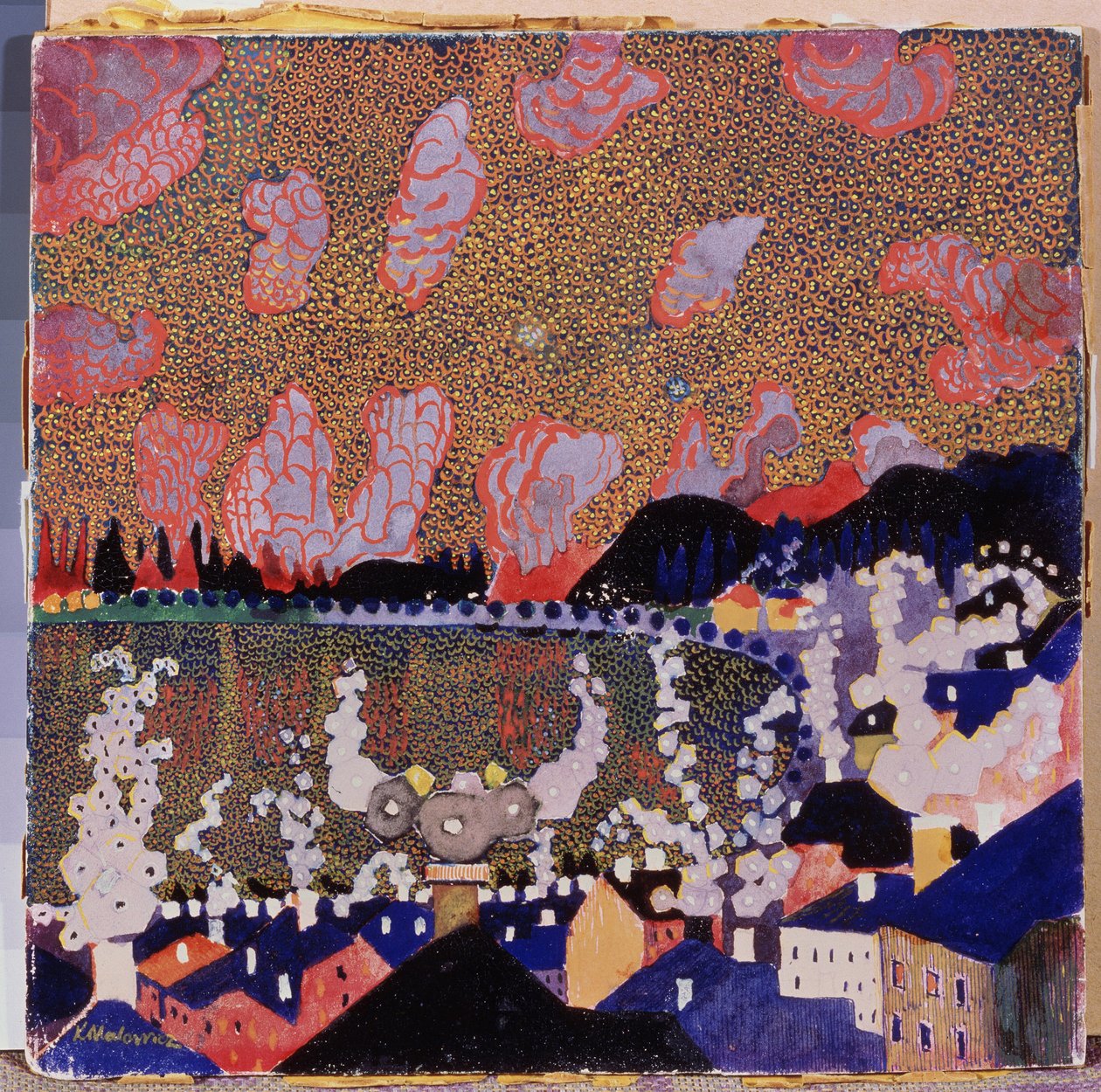 Małe miasto. Obraz Kasimira Severinovicha Malevicha (Malevich, Malevic) (1878-1935), olej na tekturze autorstwa Kazimir Severinovich Malevich
