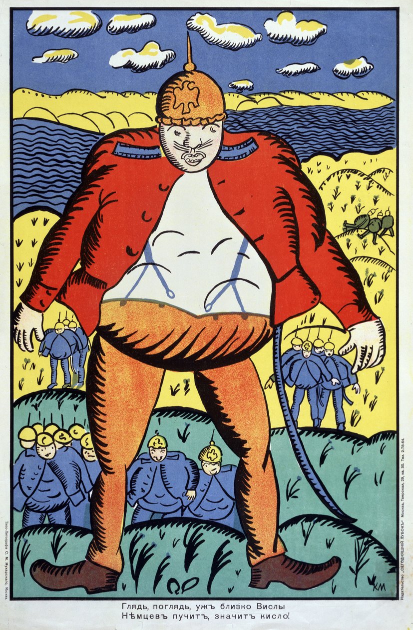 Spójrz, do Wisły niedaleko... (Spójrz, do Wisły niedaleko...). I wojna światowa (1914-1918), gigantyczny niemiecki żołnierz z rozpiętą kurtką i kolczastym hełmem, a za nim reszta jego oddziałów, w Polsce, po konfrontacji cd. autorstwa Kazimir Severinovich Malevich