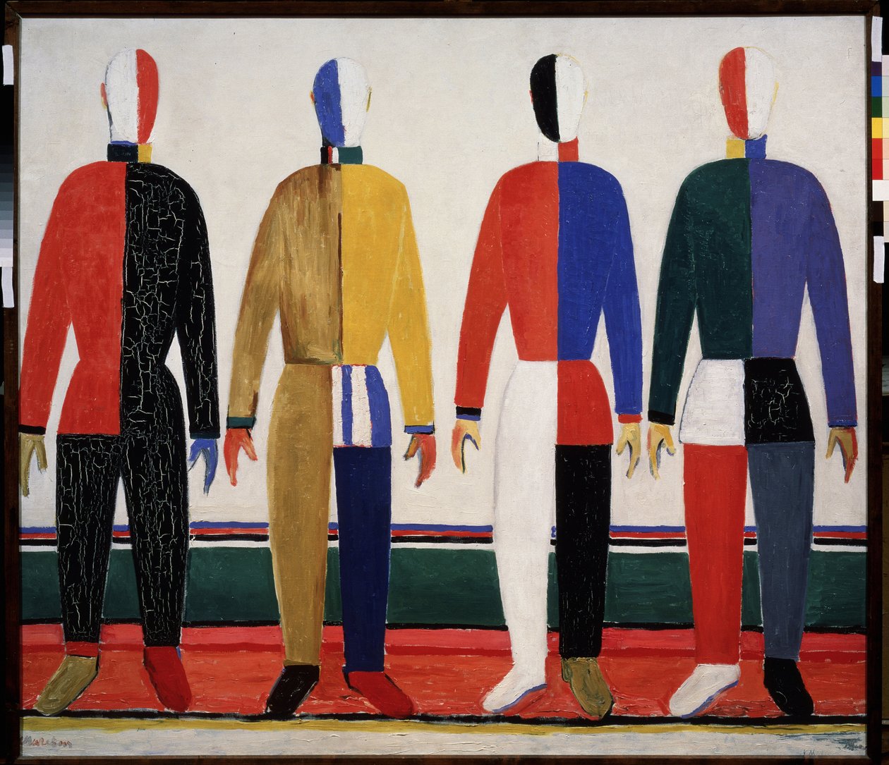 Sportowcy (Sportowcy). Czterech mężczyzn ubranych w kolorowe stroje sportowe. Obraz Kasimira Severinovicha Malewicza (Malevich, Malevic) (1878-1935), olej na płótnie autorstwa Kazimir Severinovich Malevich