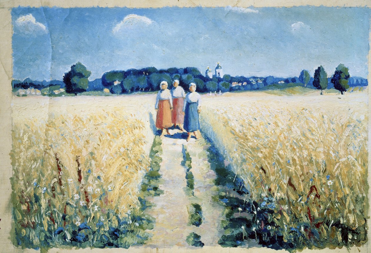 Trois femmes sur la route (Trzy kobiety na drodze). Bose chłopki w tradycyjnych strojach, spacerujące między polami uprawnymi, w środku lata, w okresie żniw rolniczych. Obraz Kazimierza Severinovicha Malewicza (Malevich, Malevic) (1878-1 autorstwa Kazimir Severinovich Malevich